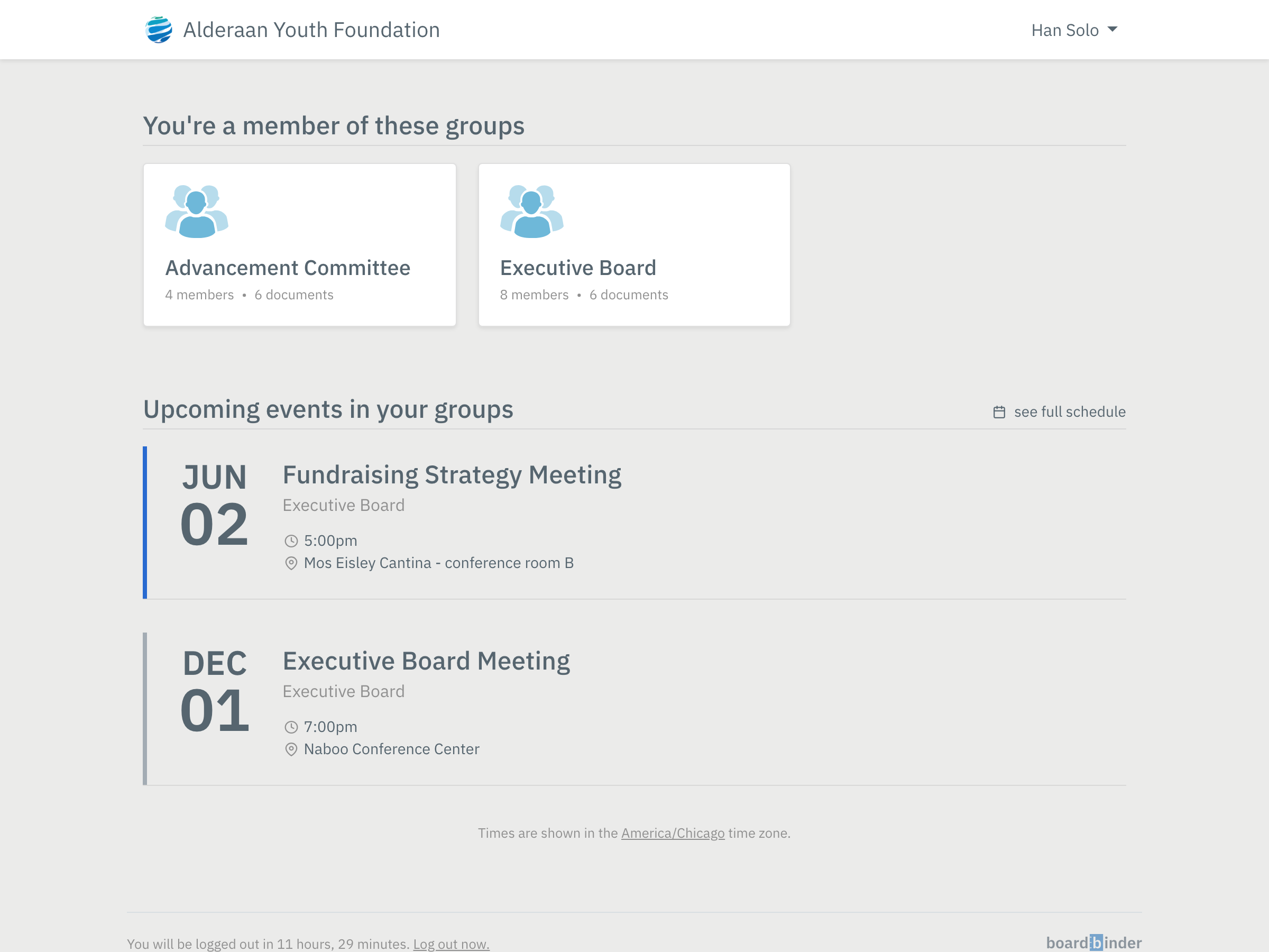 Meeting events and documents in BoardBinder